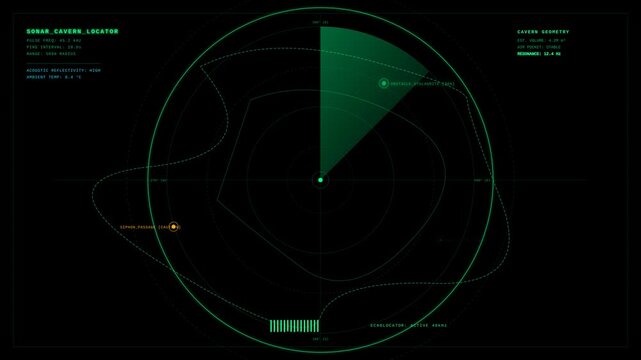 Futuristic Digital Sonar Radar Interface Scanning Cavern Geometry with Green HUD Data Visualization