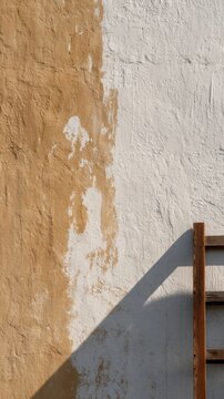 A textured wall with two contrasting paint colors and a wooden ladder casting a sharp shadow