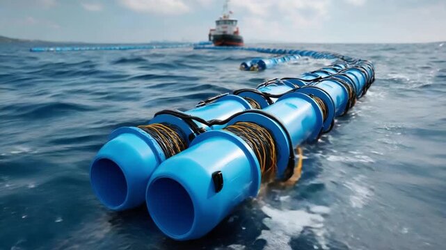 Oceanographic Survey Equipment: Advanced tubular buoys, part of an oceanographic survey system, float on the sea surface, connected by a cable, with a vessel in the background.