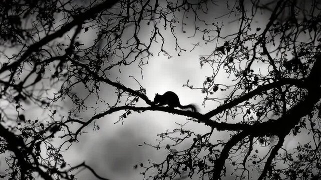 Silhouetted squirrel on a branch against a bright sky, framed by intricate tree limbs
