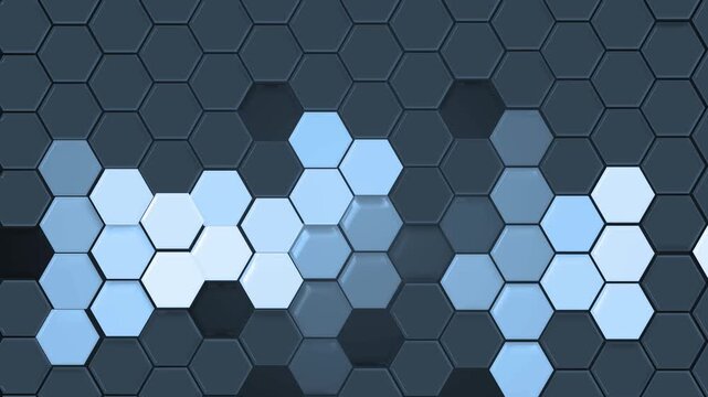 Monochrome hexagonal tile pattern background animation, hexagonal tile pattern with lighter hexagons forming abstract shapes against darker background