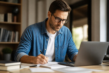 Obraz premium A man wearing glasses and a denim shirt is working on a laptop at a wooden desk in an indoor setting.