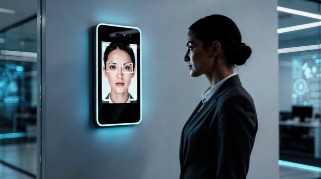 Woman using facial recognition at security terminal. Biometric sensor identifies employee in modern office. AI security concept for digital privacy and tech marketing.