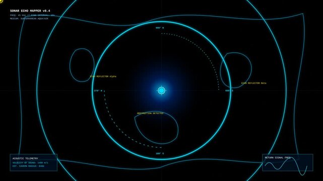Futuristic Sonar Echo Mapper UI Design with Rotating Digital Scanner Interface and Data Visualization