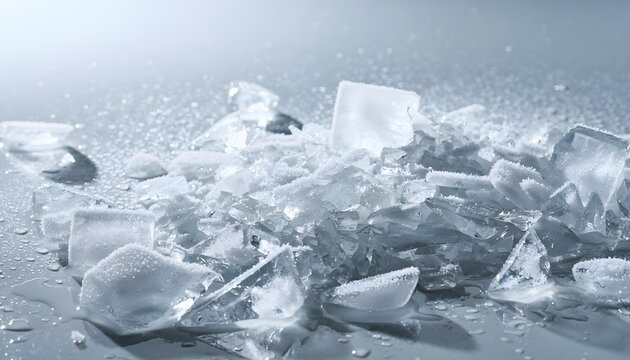 Close Up Macro Shot of Crushed Ice Cubes with Frost and Water Drops on Cold Reflective Surface