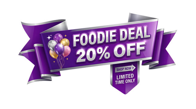 Purple and silver D banner with Foodie Deal % Off text, colorful balloons, and a Shop Now Limited Time Only tag, isolated on transparent background featuring promotional banner featuring 20% off