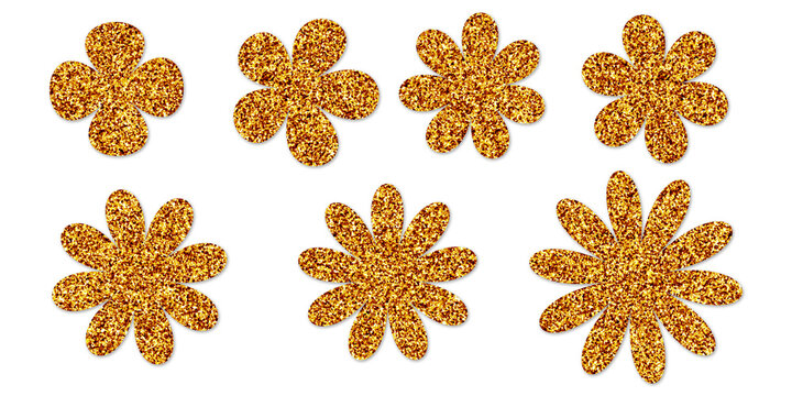 Pixelated gold glitter frame containing six flower on a white background isolated on a transparent background