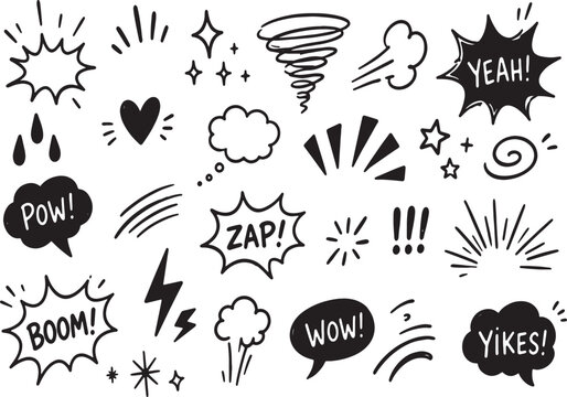Set of hand drawn comic book style speech bubbles and sound effect elements.