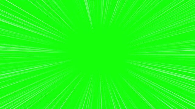 White anime manga speed lines against green screen background. Radial dynamic comic light speed lines in flash action concept. Radial Comic Light Speed Lines Moving. Anime speed line background.