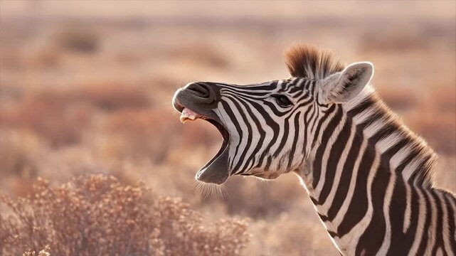 A zebra with wide open mouth, baring teeth, in a hazy environment