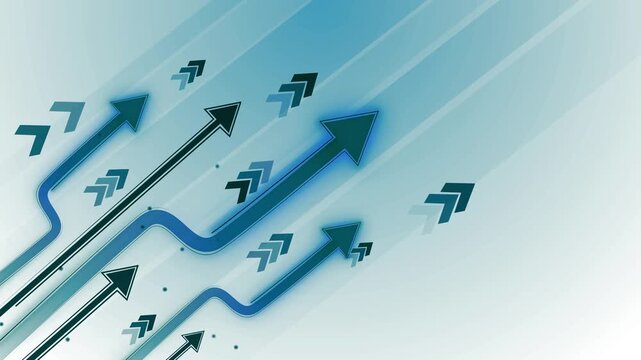 Abstract dark background with glowing arrows pointing upward growth progress and rising direction animation