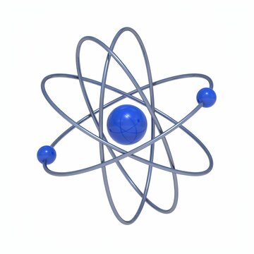 Abstract atom model with blue electrons orbiting around central nucleus on white background.