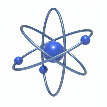 Abstract atom model with blue electrons orbiting around central nucleus on white background.