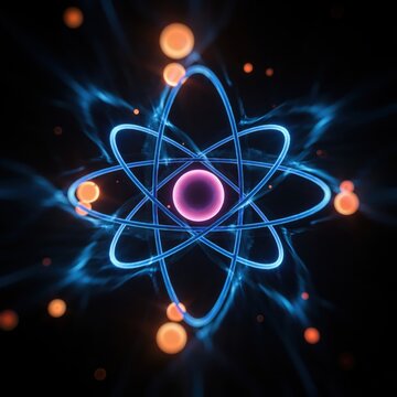 Vibrant glowing atom model with pink nucleus and blue orbital paths surrounded by energetic particles.