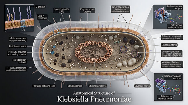 Transparent Anatomical Cross-Section of Gram-Negative Klebsiella Pneumoniae Bacterium Revealing Thick Polysaccharide Capsule, Outer Membrane Lipopolysaccharide Endotoxin