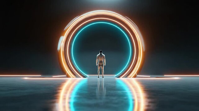 Sci-Fi Portal Gateway: A lone figure stands before a luminous, circular gateway, bathed in the vibrant neon glow of futuristic technology, hinting at cosmic exploration and unknown dimensions.
