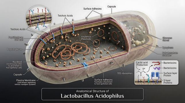 Detailed Transparent Anatomical Cross-Section of Gram-Positive Lactobacillus Acidophilus Bacterium Revealing Thin Capsule, Thick Peptidoglycan Cell Wall with Teichoic Acids
