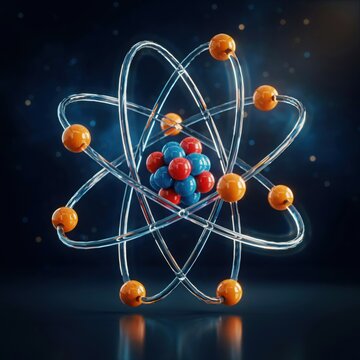Vibrant atom model featuring red and blue nucleus with orange electrons orbiting in clear transparent rings, illustrating scientific principles.
