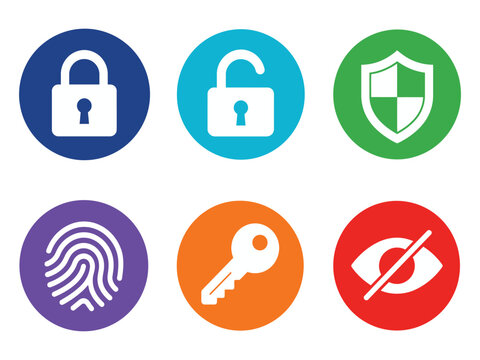Cyber security privacy protection icon set showcases digital safety lock and identity verification.