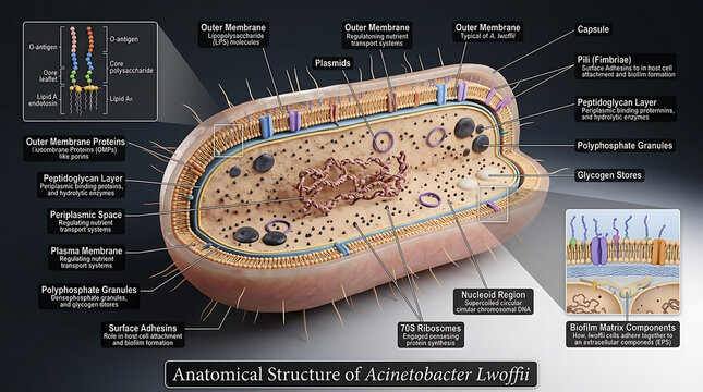 Transparent Anatomical Cross-Section of Gram-Negative Acinetobacter Lwoffii Bacterium Revealing Thin Capsule, Outer Membrane Lipopolysaccharide Endotoxin, Periplasmic Enzymes, Surface Adhesins