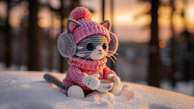 Crocheted cat toy wearing pink winter clothes sitting in snow. Amigurumi kitten with a teacup outdoors during sunset. Cozy hygge concept, ideal for seasonal cards and craft marketing.