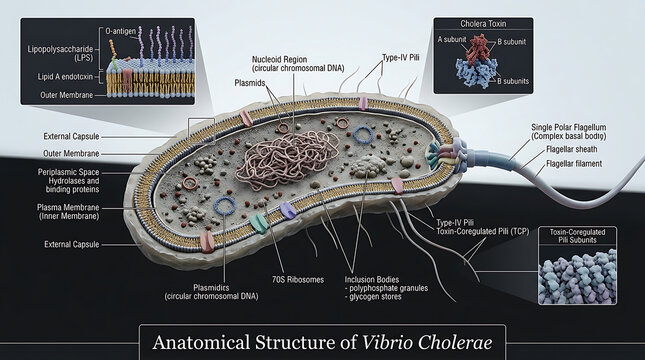 Transparent Anatomical Cross-Section of Gram-Negative Vibrio Cholerae Bacterium Revealing Outer Membrane Lipopolysaccharide, Periplasmic Enzymes, Sheathed Polar Flagellum