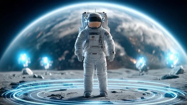 Astronaut on the Moon: A lone astronaut stands on the lunar surface, bathed in the ethereal glow of Earth and surrounded by futuristic glowing rings and distant lights.