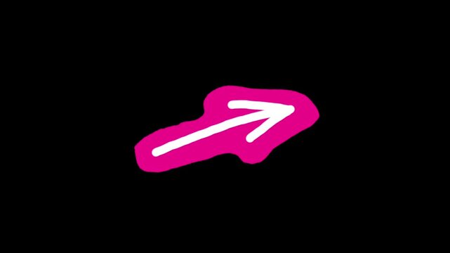 Animated handwritten pink liquid brush stroke hand drawn arrow pointing right motion graphics keyframe element isolated on black background for overlay footage