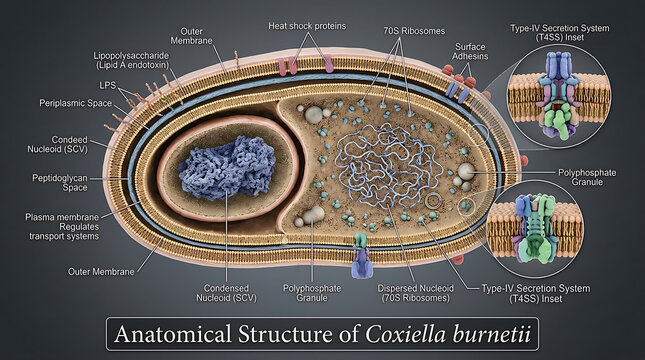 Transparent Anatomical Cross-Section of Gram-Negative Coxiella Burnetii Bacterium Revealing Thin Capsule, Outer Membrane Lipopolysaccharide, Periplasmic Enzymes, Type-IV Secretion System