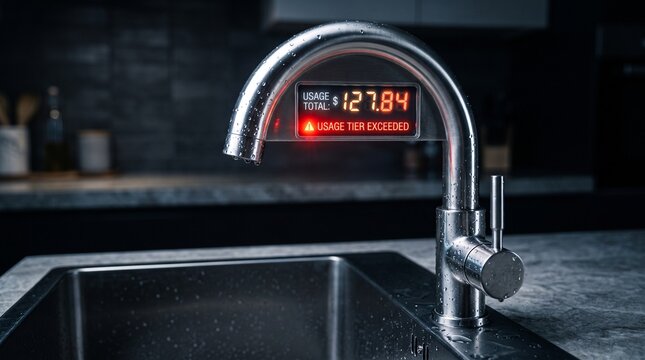 Represents municipal water scarcity, dynamic utility pricing during extreme heat waves, and the monetization of essential natural resources.