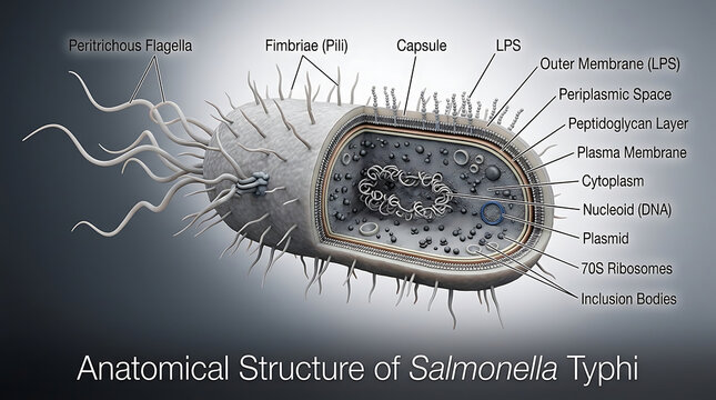 Transparent Anatomical Cross-Section of Salmonella Typhi Bacterium Revealing Outer Membrane Lipopolysaccharide Endotoxin, Periplasmic Enzymes, Nucleoid Chromosomal DNA