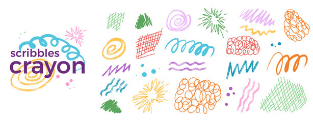 Fototapeta premium Crayon abstract scribbles, scratch, wavy lines collection with spontaneous strokes, chaotic marks, and expressive squiggles. Rough colorful pencil, pastel elements. Vector messy doodle decoration
