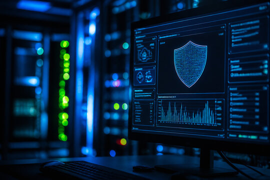 A computer monitor displaying a digital security interface with a shield icon is visible in a dark, futuristic setting.
