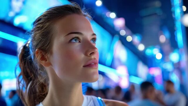 Young Woman Gazing Upwards: A portrait of a young woman with striking blue eyes and brown hair tied in a ponytail, looking up with an optimistic and hopeful expression.