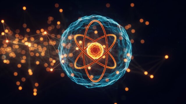 Abstract atom model with glowing nucleus and orbiting electrons illustrating scientific and technological concepts.