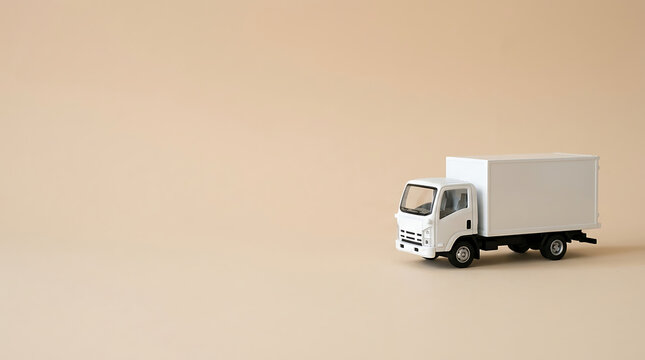 White toy delivery truck on beige background for logistics concept