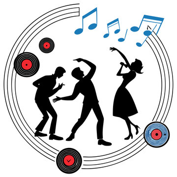 Retro musical party silhouette featuring dancing group with vinyl records and floating musical notes inside circular frame arrangement artistic vector design illustration.