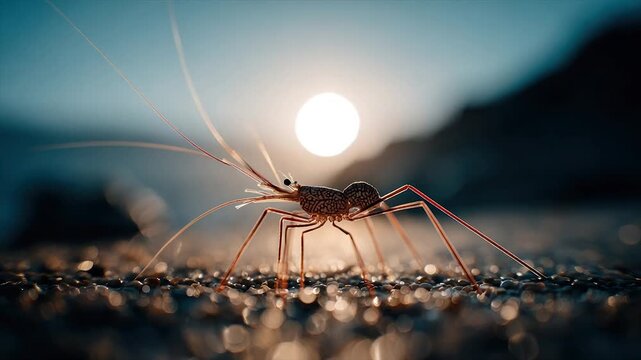 Macro shot of a shrimp-like creature with long appendages, sun in background