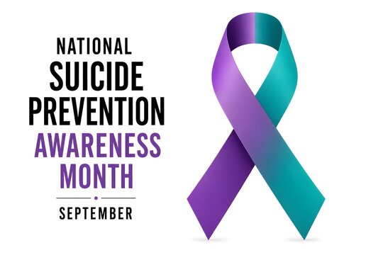 Teal and purple awareness ribbon with national suicide prevention awareness month september text on white background.