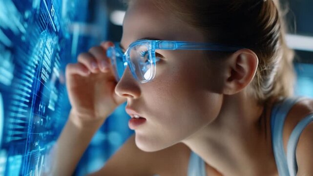Augmented Reality Interface: A young woman with futuristic glasses interacts with a holographic display, showcasing advanced technology and the future of digital interaction.