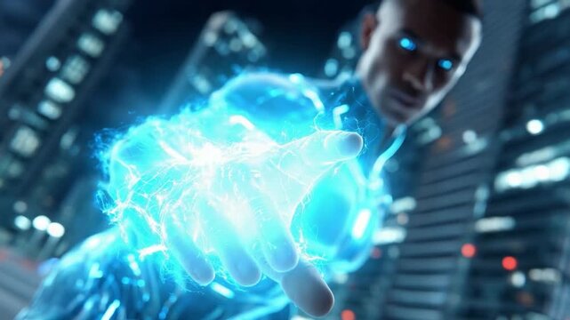 Superpower Energy: A man crackles with blue electrical energy, his glowing blue eyes focused as he extends his hand towards the viewer, set against a backdrop of a city skyline.