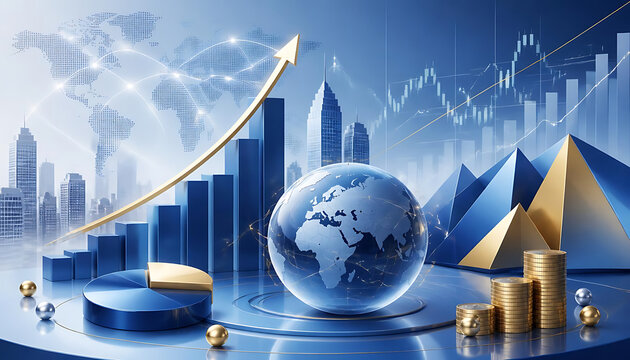 Global finance growth concept with golden pyramids, rising charts, and world map on dark futuristic background