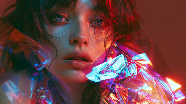 Digitale Illustration einer Frau mit schillernden holografischen Elementen in Rot und Blau, futuristischer Stil f&uuml;r Fantasy und Sci-Fi Design.