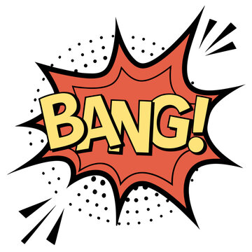 Graphic comic style explosion bubble with bang text and halftone dots vector element for creative design projects isolated on transparent background decorative art.