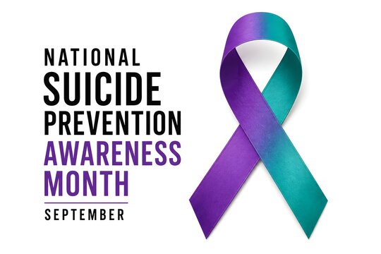 Teal and purple awareness ribbon with national suicide prevention awareness month september text on white background.