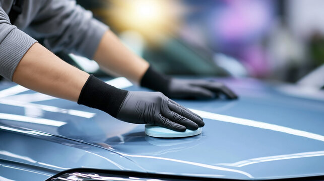 Auto detailer wearing black gloves polishes blue car hood with circular applicator in a well-lit automotive workshop environment showcasing reflections and shine
