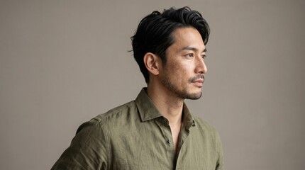 Obraz premium Portrait of a handsome japanese man with a beard and stylish hair wearing an olive green linen shirt, looking away against a neutral studio background