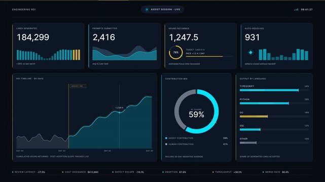 Ultra-premium 4K dark-mode AI engineering ROI dashboard with live metrics and cinematic Ken Burns push-in motion graphics. professional stock footage for technology, business, and editorial use.
