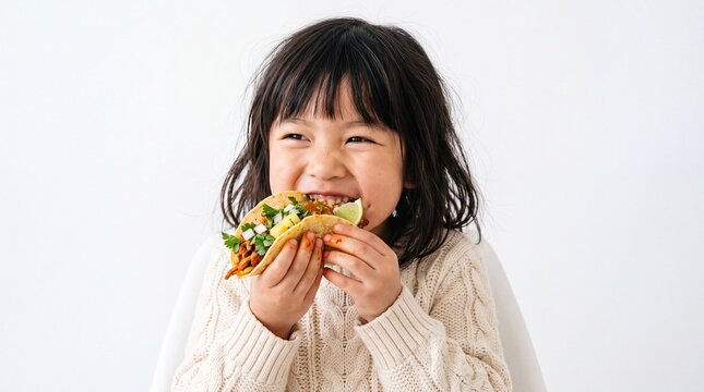 Young East Asian Girl Enjoying Fresh Tacos Studio Portrait