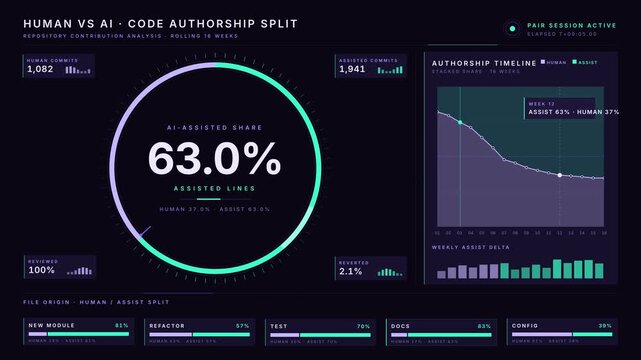 Luxury dark authorship dashboard reveals human 37% and AI 63% code contribution split in a 42% center donut with soft mint rim-lighting. professional stock footage for technology, business, and.